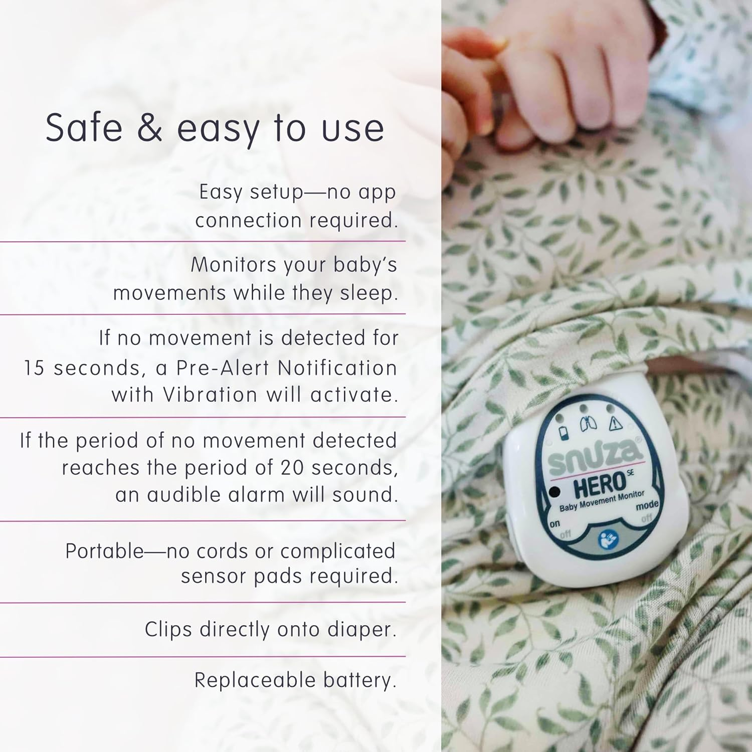 SNUZA HERO Baby Abdominal Movement Monitor: Real-Time Alerts for No Breathing, Gentle Vibration Rousing, Portable & Wearable, Medical Grade Material. Safer Sleep for Infants. Peace of Mind for Parents image number 4
