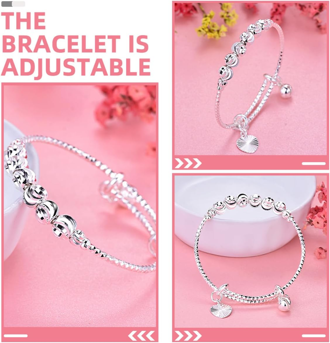 Garneck 2Pcs Silver Bangles for Girls Adjustable Infant Bracelets Bells Toddler Jewelry for Newborns Cute Baby Accessories image number 5