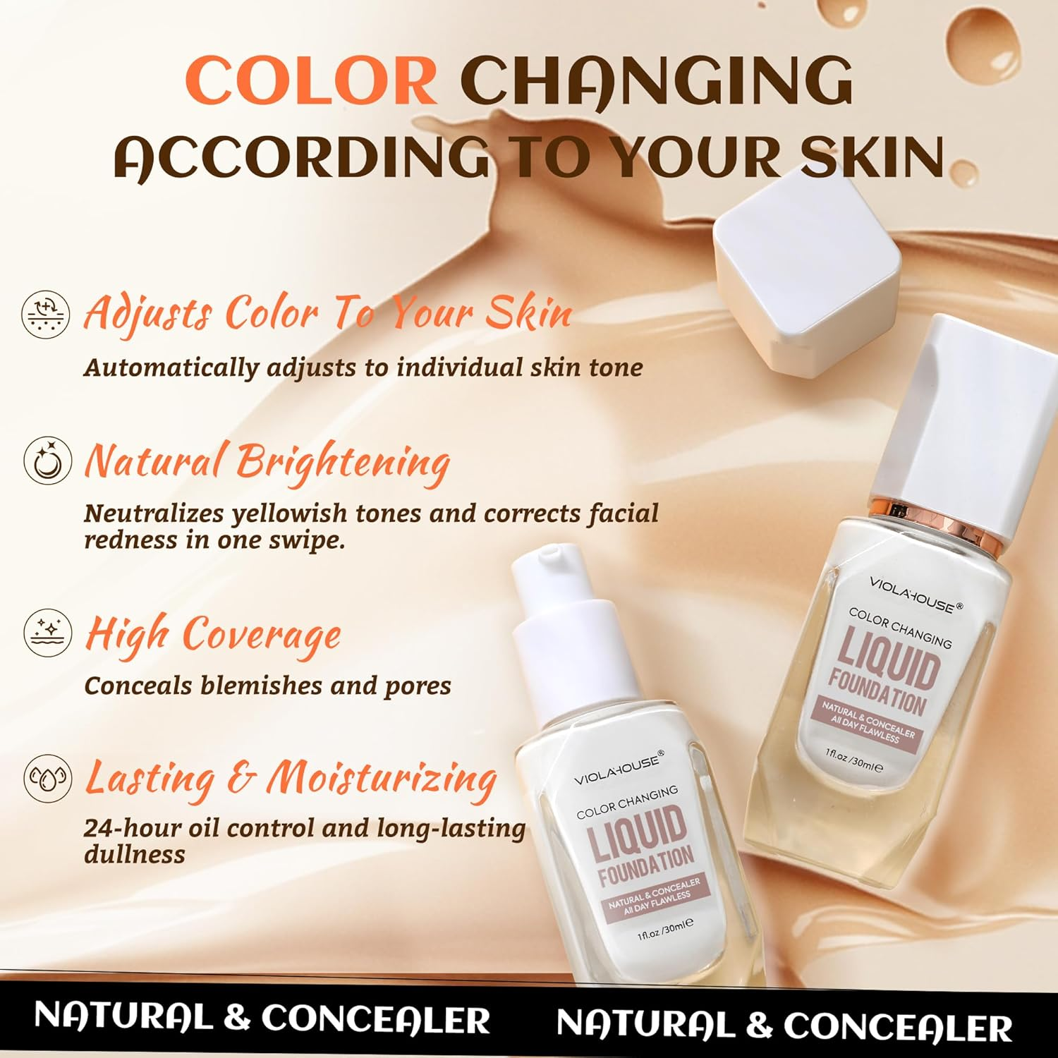 VIOLA HOUSE Color Changing Foundation, 4 in 1 Foundation, Color Changing Flawless Finish, Lightweight, Moisturizing Glow, 1.0 Fl Oz (Medium Skin Color)