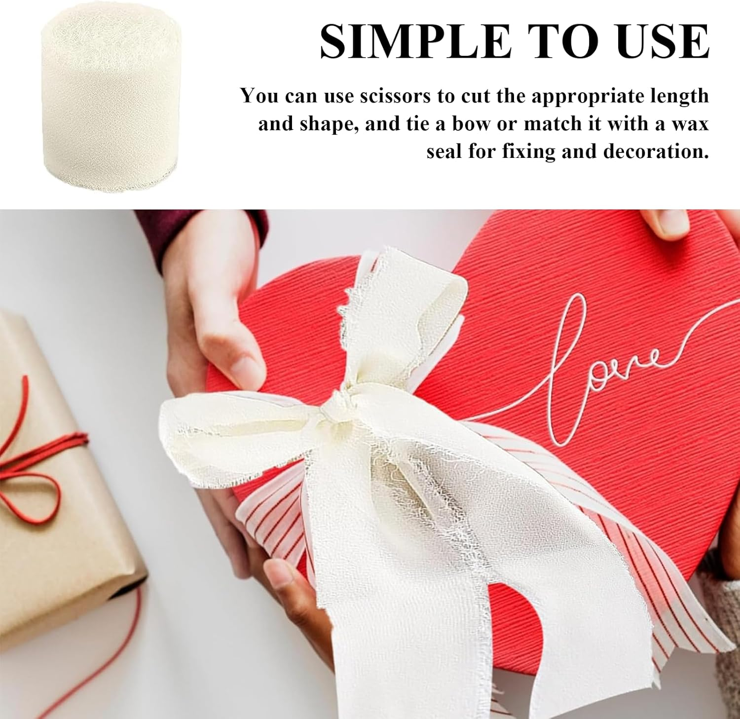 Rhoyee 3 Rolls Ivory Chiffon Ribbon &ndash; Handmade Fringe Silk Ribbon Set (2.5Cm X 5M Each, 15M Total) for Wedding Bouquets, Gift Wrapping, Invitations, DIY Crafts & Floral Decorations image number 1