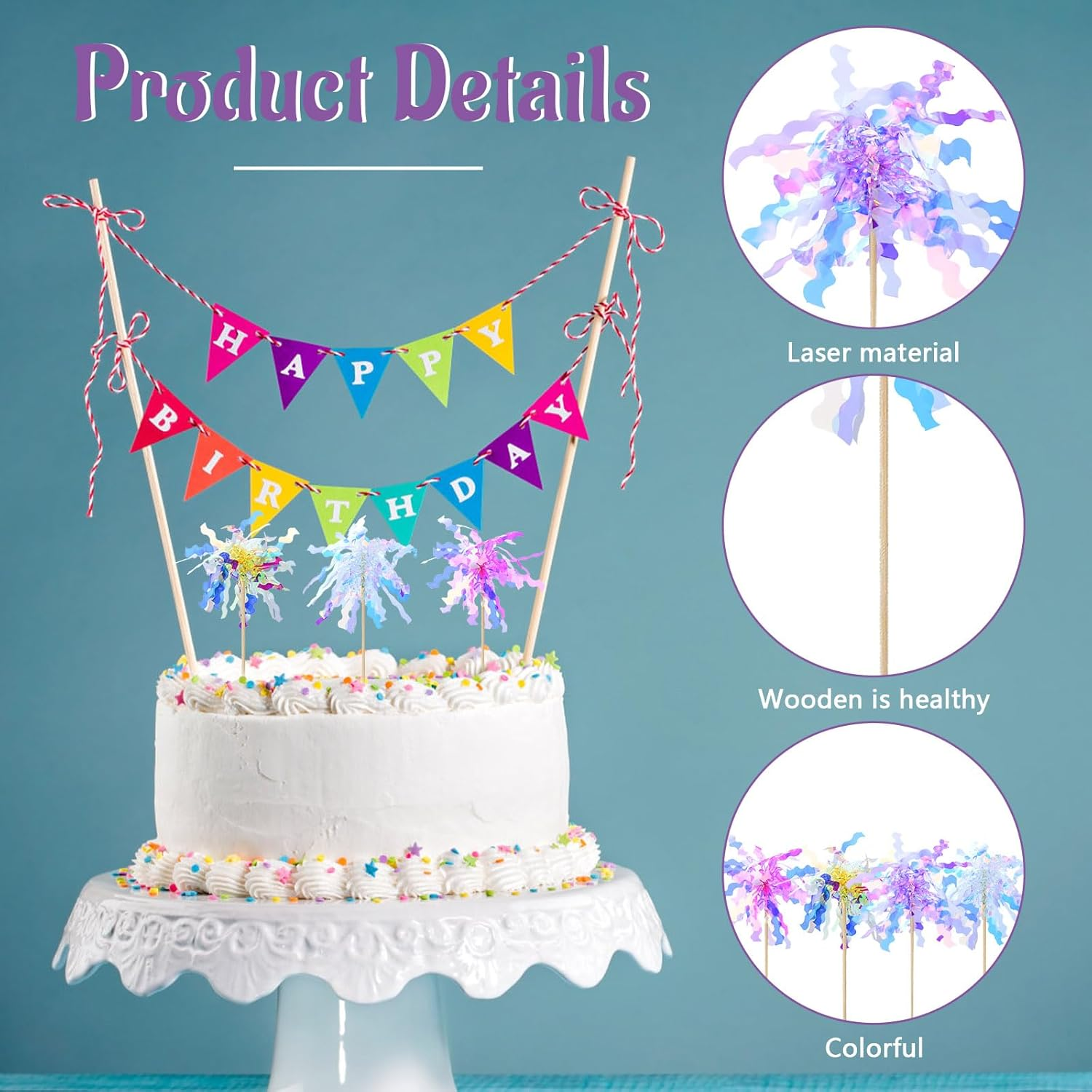 40 Pieces Colorful Firework Cupcake Toppers, Sparkle Tinsel Birthday Cake Decorations, Foil Frill Toothpicks for Christmas Wedding Party Graduation Ceremony Decor (Style 2) image number 5