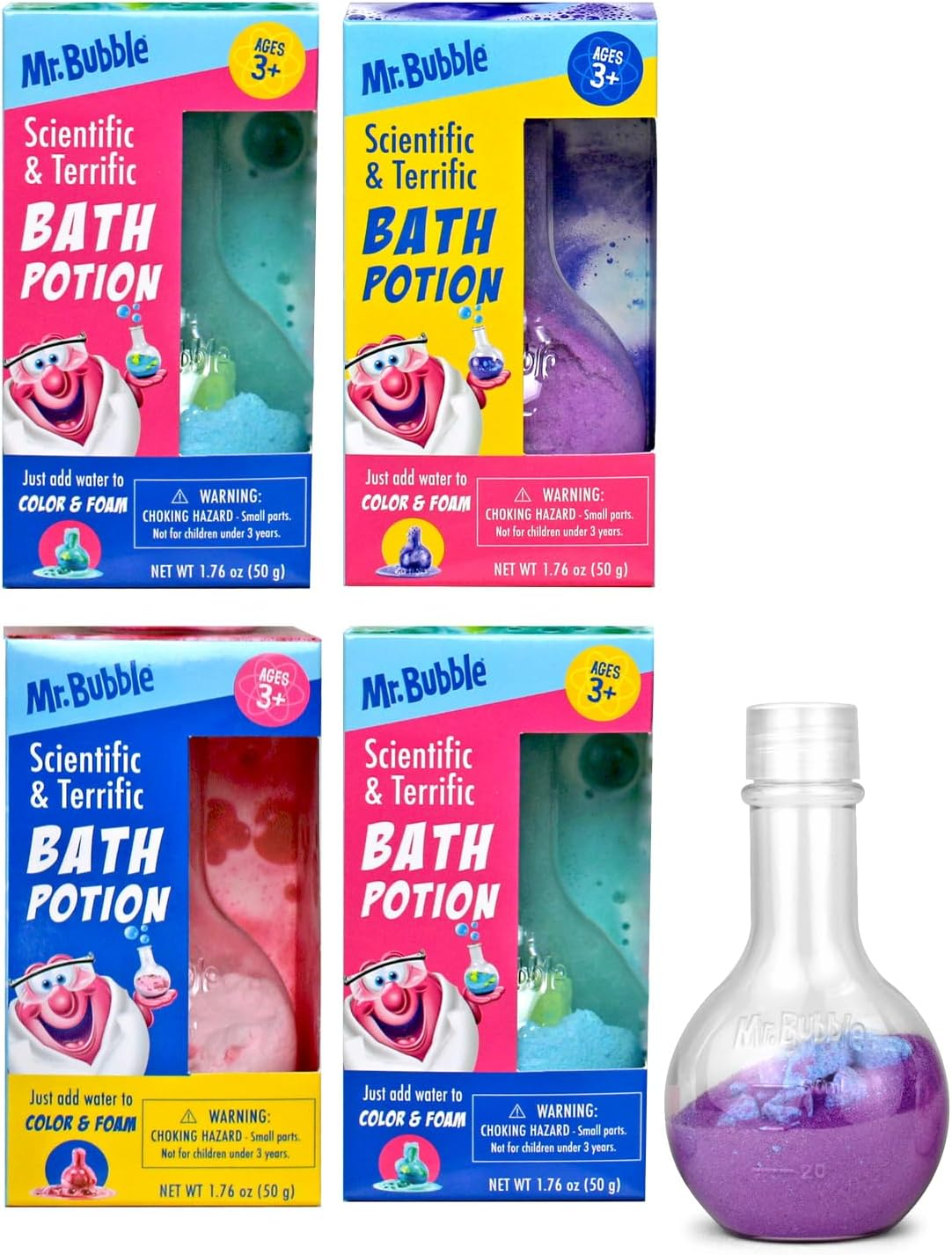 Mr. Bubble Kids Bath Bomb Potions - Colorful Fizzy Fun - Cool Foam and Bubble Science Beaker for the Bath (Pack of 4)