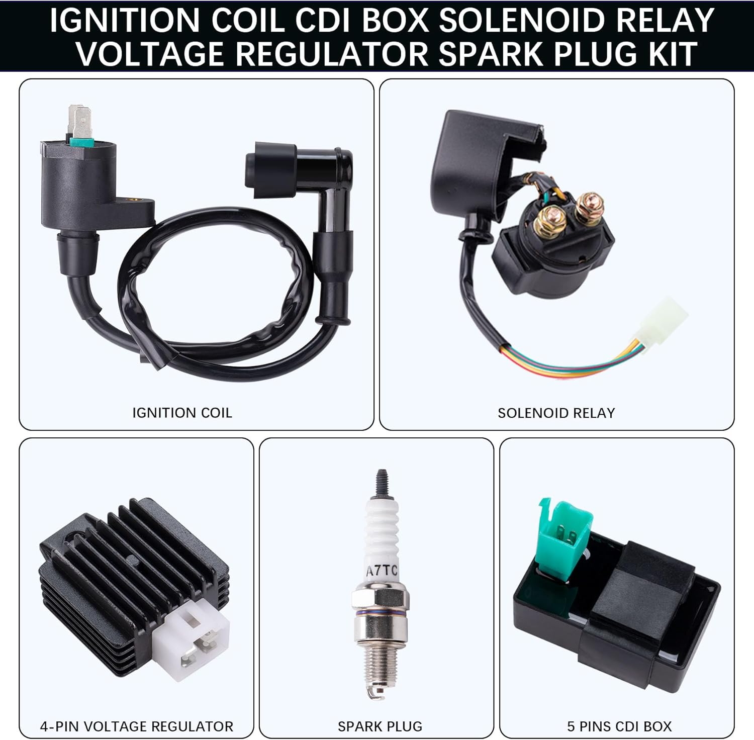 Ignition Coil 5-PIN CDI Box Solenoid 4-PIN Relay Voltage Regulator Spark Plug Kit for 50Cc 70Cc 90Cc 110Cc 125Cc ATV Chinese Go Kart Dirt Bike Pit Bike Taotao Moped Scooter image number 5