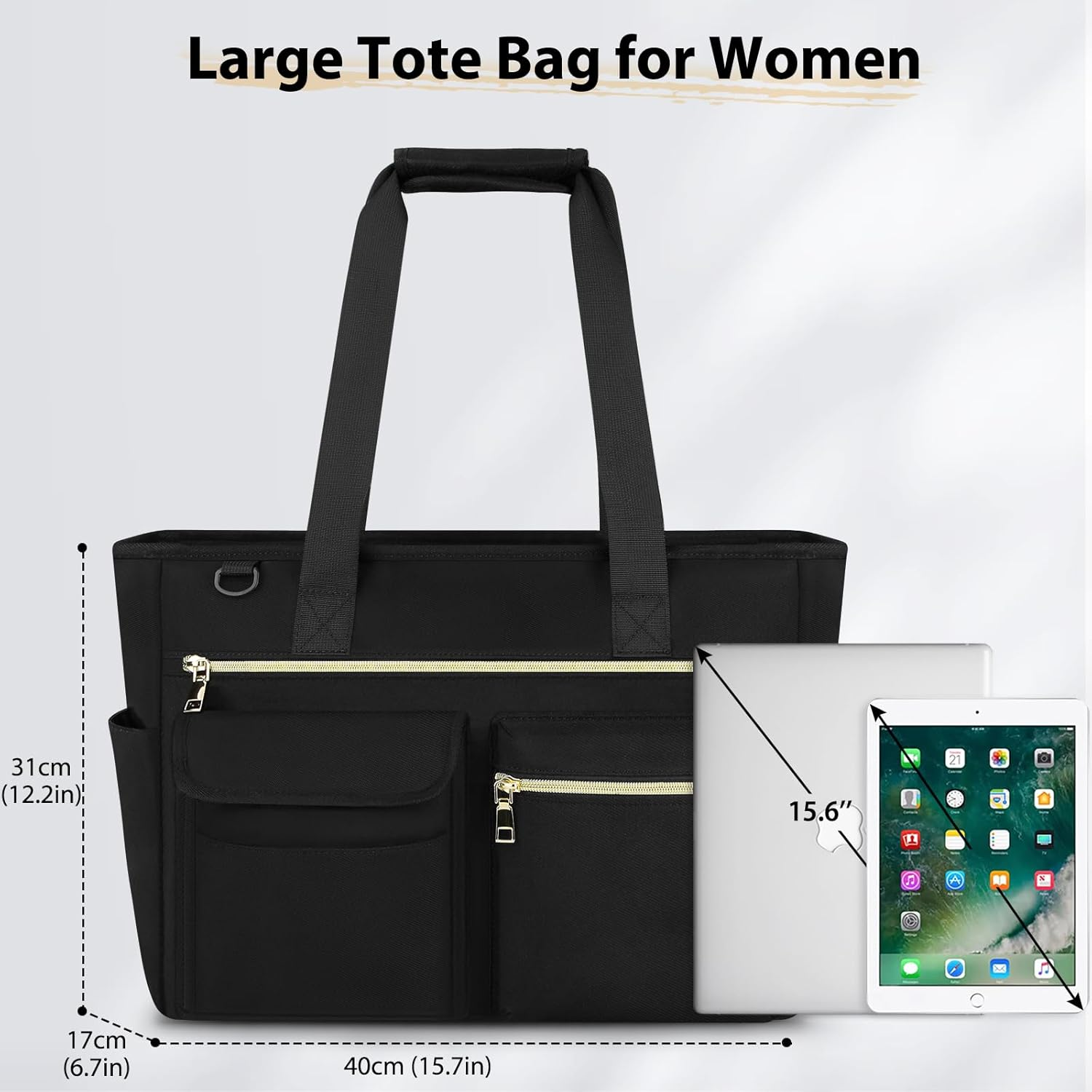 NEWHEY Tote Bag with Zipper Large Work Tote Bags for Women 15.6 Inch Laptop Tote Bag Canvas Tote Bag for School Travel Black image number 5