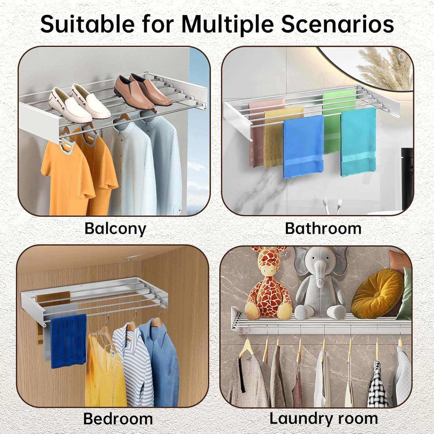 Laundry Drying Rack Collapsible, Wall Mounted, Clothes Drying Rack, 31.5" Wide, 13.1 Linear Ft, 5 Aluminum Rods, 45 Lb Capacity, with Wall Template, Screwdriver Bit(White) image number 5