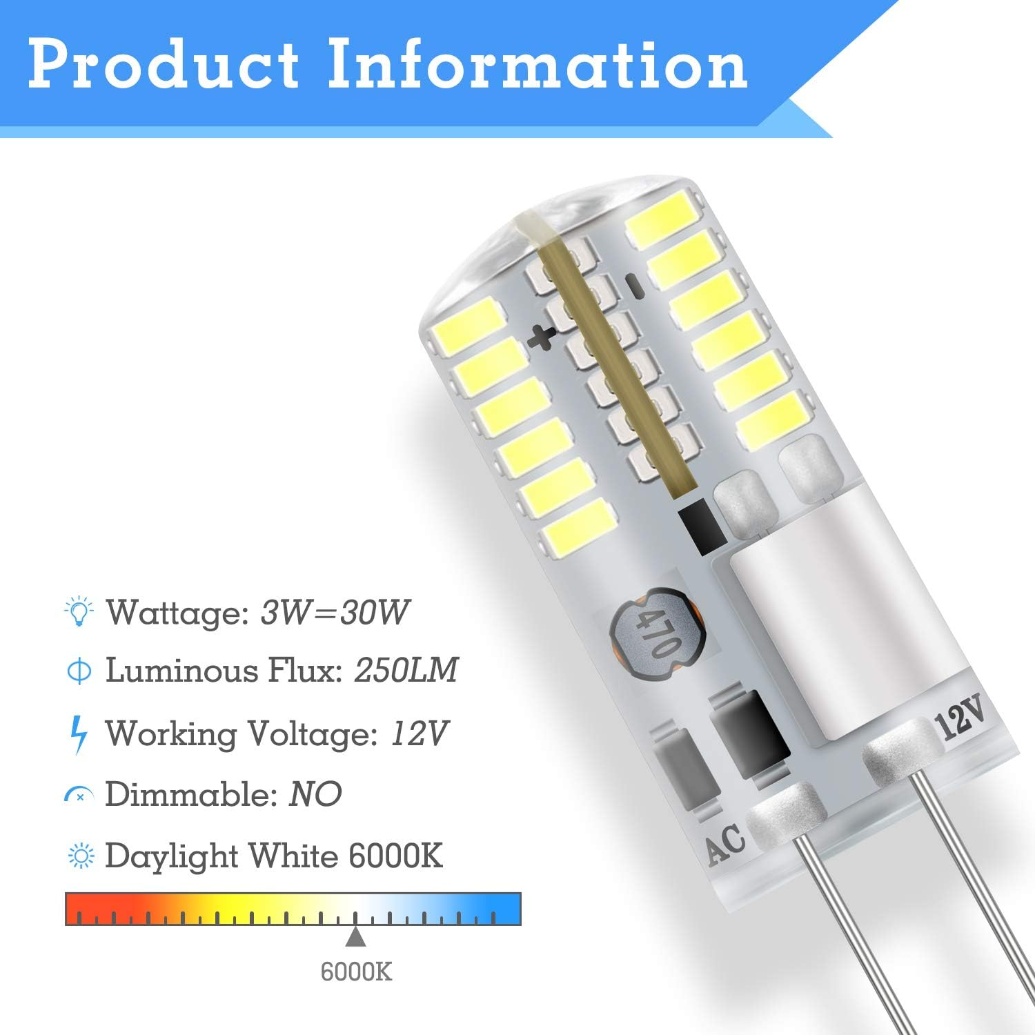 Dicuno G4 3W (30W Equivalent) Daylight White 6000K LED Light Bulbs 12V Non-Dimmable 250LM Halogen Bulb Replacement 10-Pack image number 1