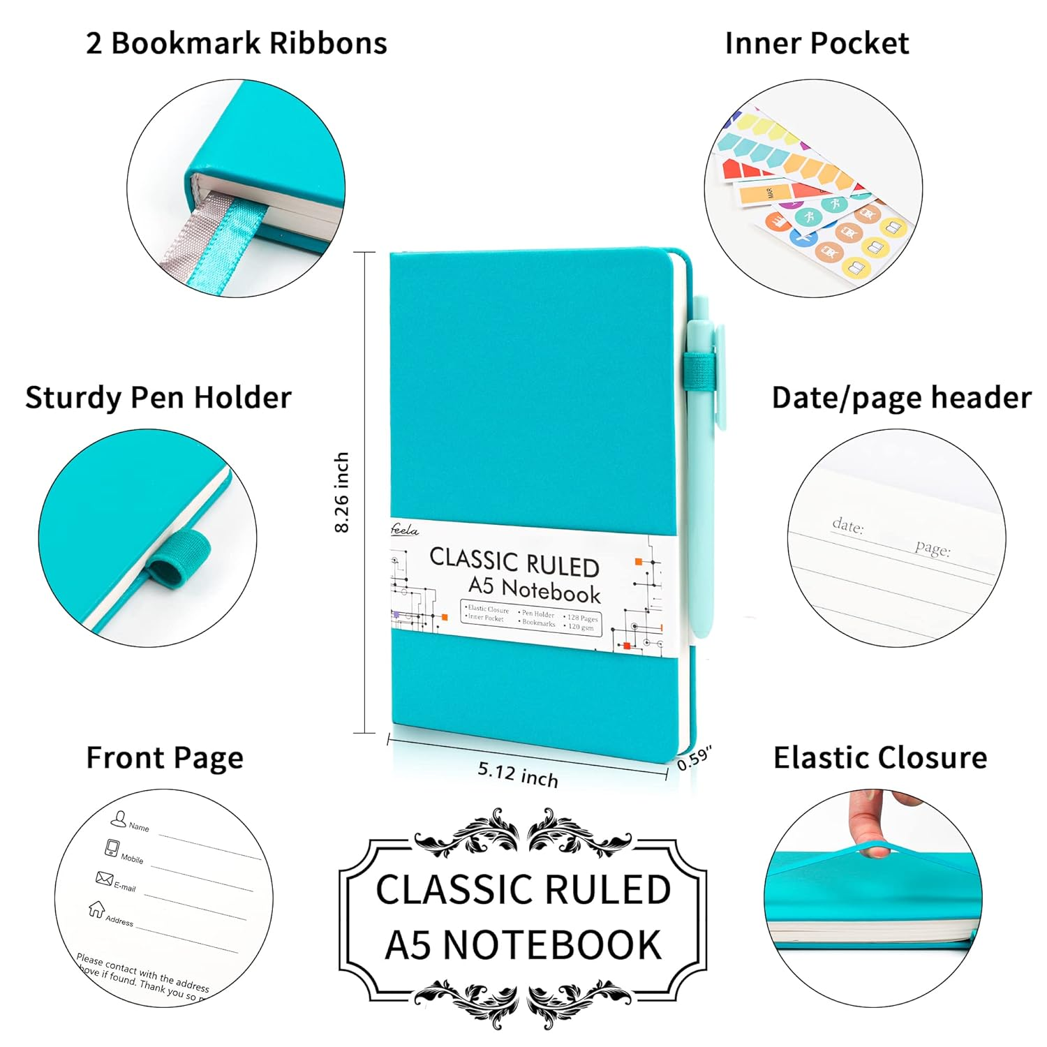 Feela 3 Pack Notebooks Journals Bulk with 3 Black Pens, A5 Hardcover Notebook Classic Ruled Lined Journal Set with Pen Holder for Work Business Journaling Note Taking, 120 GSM, 5.1&rdquo;X8.3&rdquo;, Emerald image number 6