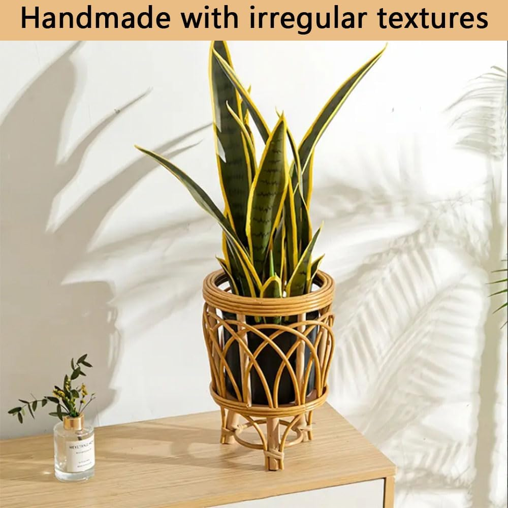 Handwoven Rattan Plant Stand, Boho Indoor Flower Pot Holder Basket, Wooden Floorstanding Planter Rack for Living Room, Balcony, Patio, Home Gardening & Decorative Displays