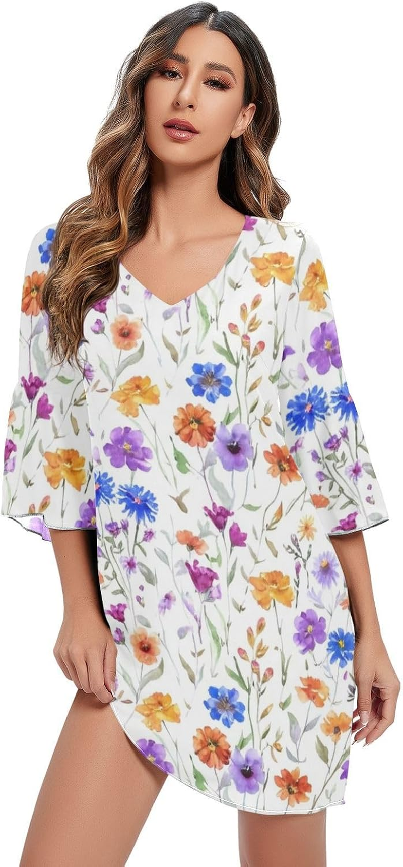 Watercolor Wildflowers V Neck Dress Printed Maternity Dress Party S-XXL image number 2