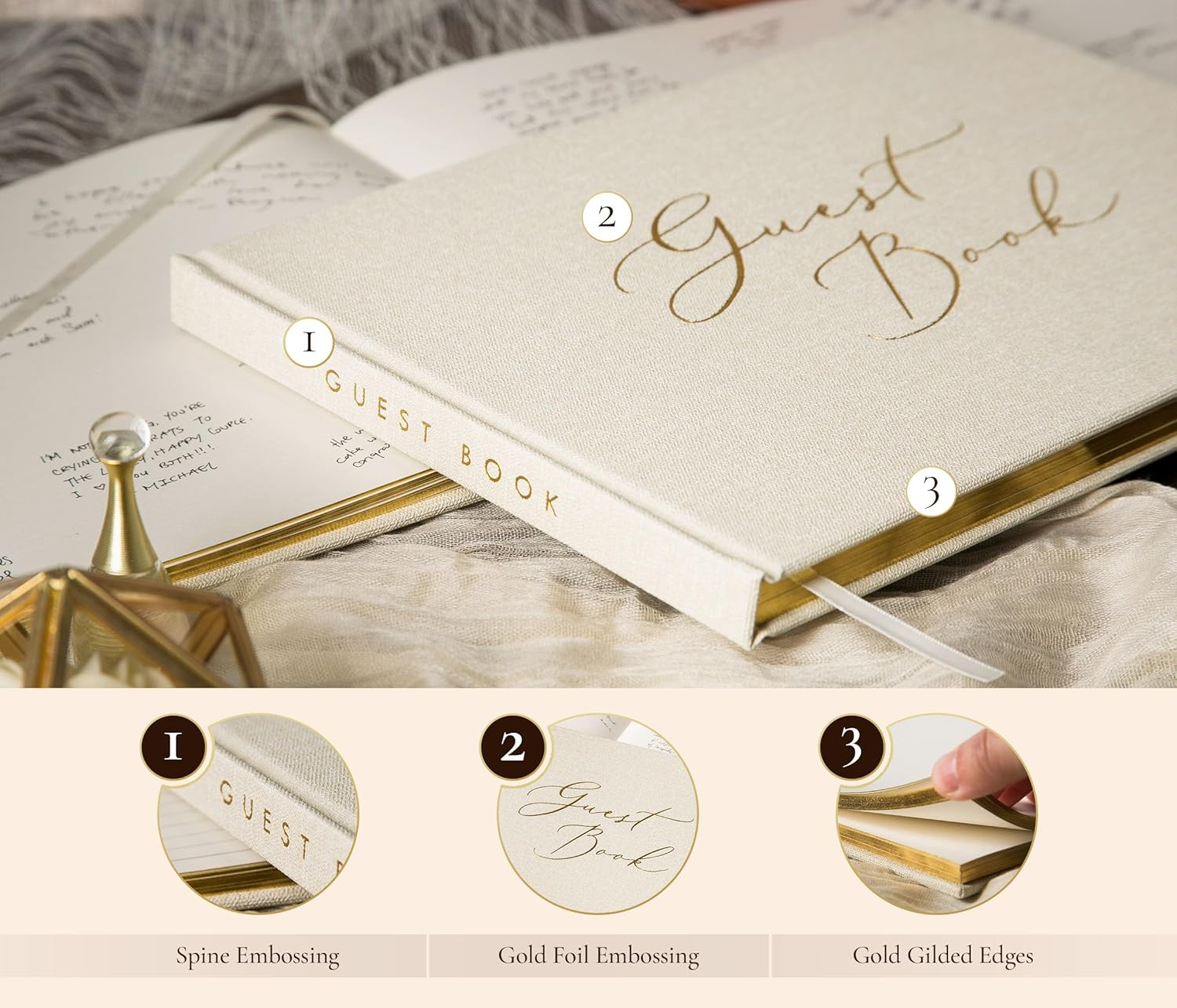 Modern Album Designs Luxury Cream Linen Guest Book &ndash; Large 11.5X8.5&rdquo; Hardcover with Gold Foil Embossed Cover, Lined Pages & Gilded Edges &ndash; Elegant Wedding, Baby Shower, Birthday Memory Book - Lined Guest Book image number 2