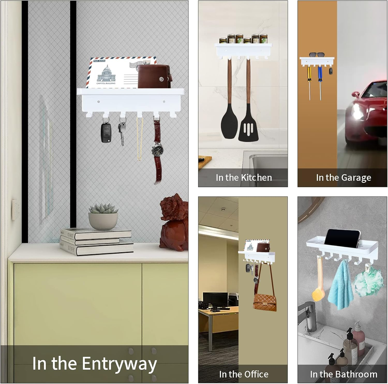 GTK Key Holder for Wall, Key Hooks with Tray and 6 Hooks, Wall Mounted Key Holder for Hallway, Key Rack with Shelf for Mail Storage (White) image number 3