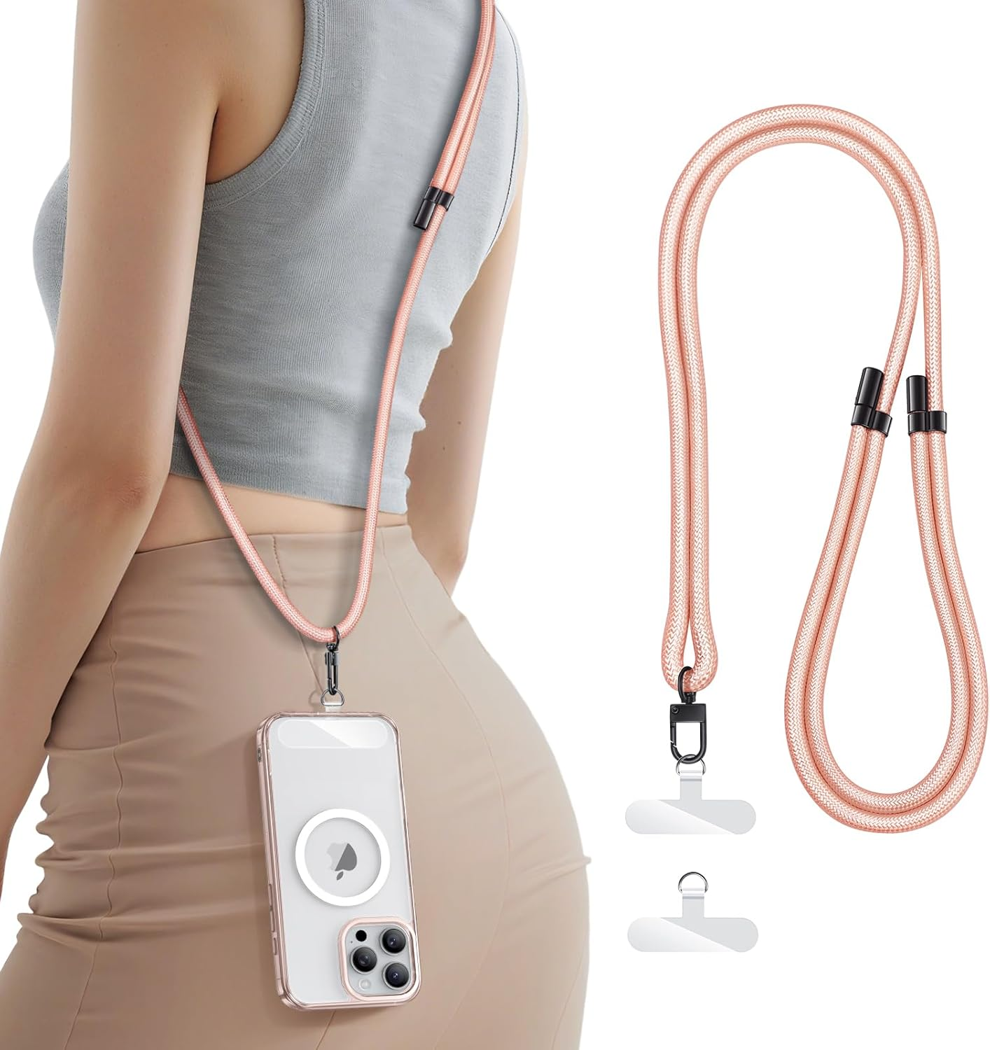 For Phone Lanyard Crossbody with 2X TPU Clear Phone Tabs, Retractable Cellphone Lanyard, Premium Metal Buckles, Skin-Friendly, Universal Wrist Strap Leash for Women Men,Pink-Gold