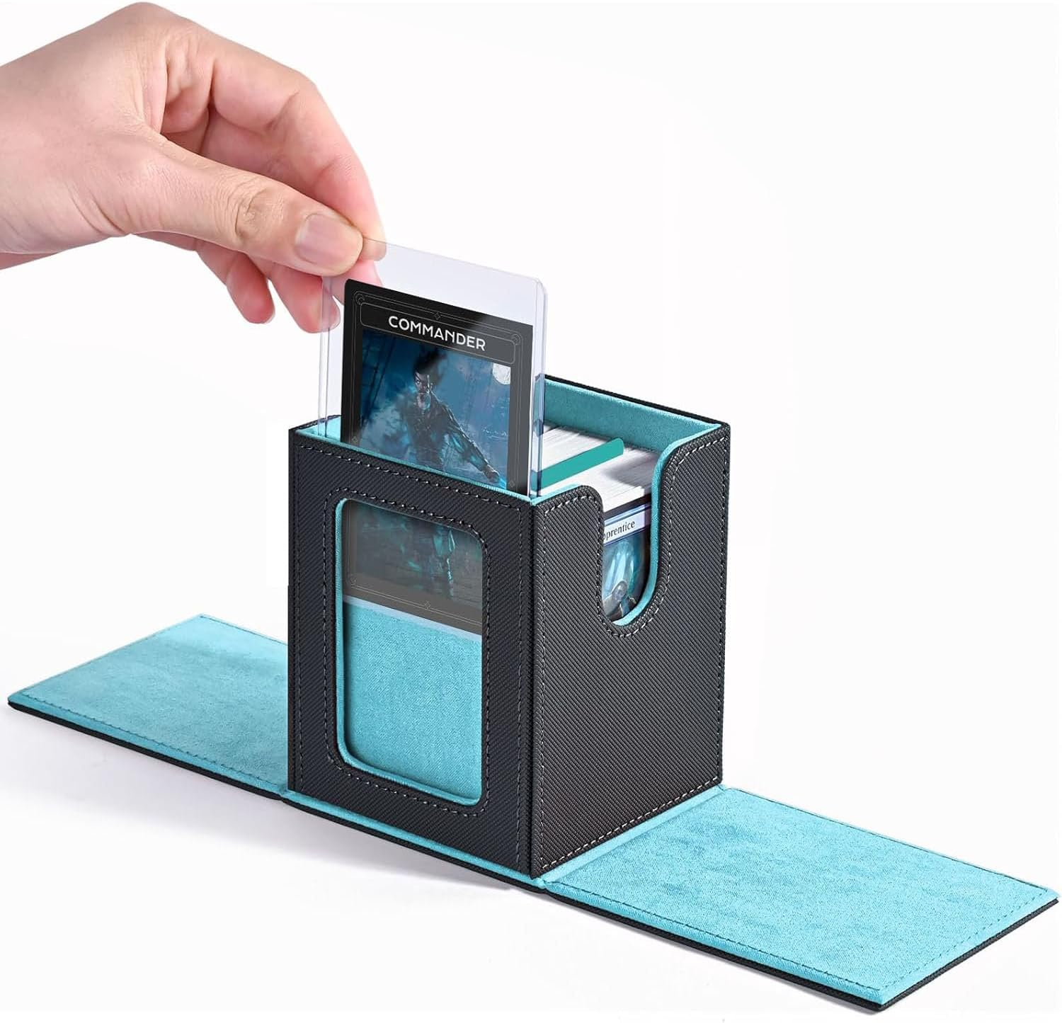 Card Box with MTG Commander Display, Patented Design Card Holder Can Hold More than 100 Double Sleeve Cards, PU Leather Card Storage Box for TCG with 2 Partitions, 1 Top Loader (Black&Blue)