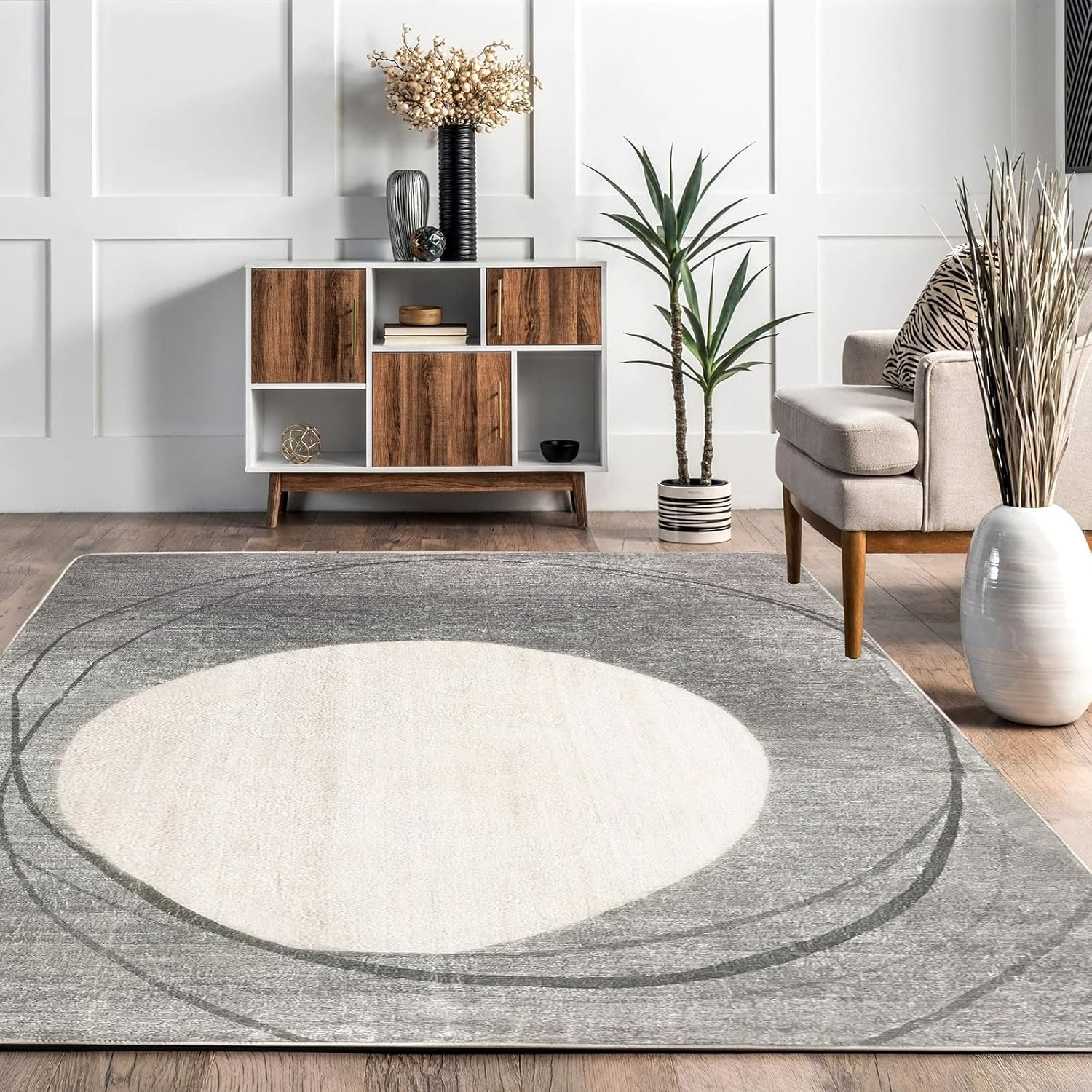 Tinyboy-Hbq Area Rug Short Pile Living Room Carpet Modern Geometric Design Rugs Circular Pattern Rug Non-Slip Decorative Rugs for Bedroom (Light Grey/Beige, 120 * 160Cm)