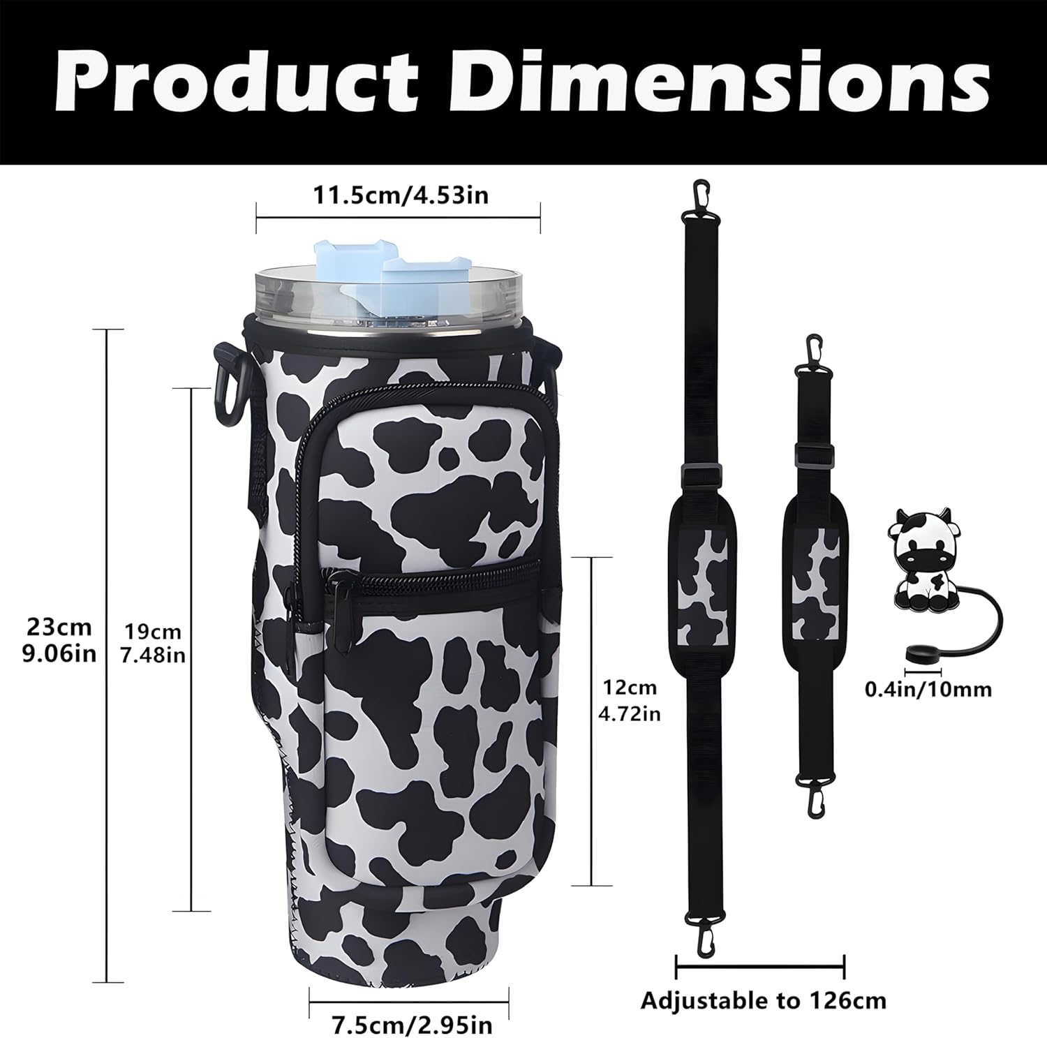 Cute Water Bottle Holder Bag Stanley Cup Bag, Cow Print Water Bottle Pouch with Adjustable Shoulder Strap, Stanley Cup Holder with 2Pcs Cow Straw Covers for Hiking, Camping, Fishing image number 2