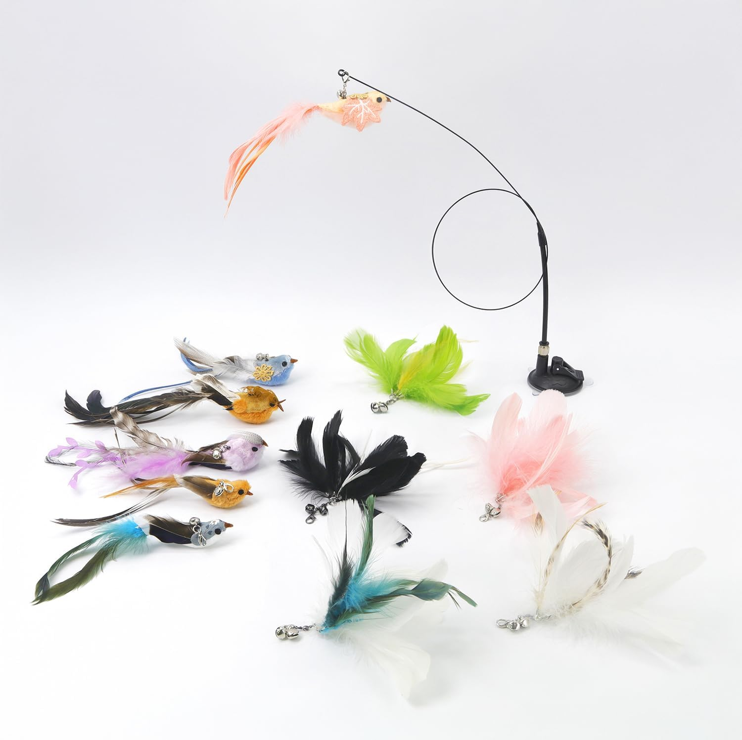 ZAYLUMO Interactive Cat Toys - Wand Toy with Suction Cup, 6 Bird & 5 Feather Replacement Heads, Perfect for Bored Indoor Cats &ndash; Engaging Cat Products with Bells & Natural Feathers