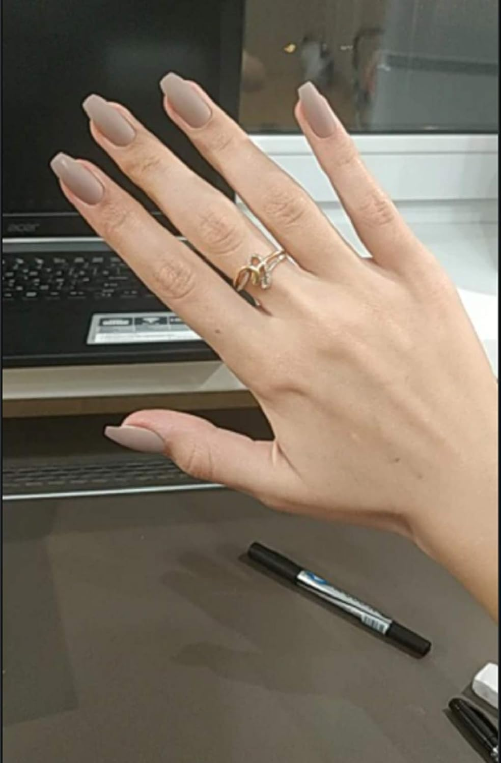 VIKSON INTERNATIONAL Khaki Brown 24 Pcs MATTE Finish Pre-Design French Manicure Full False Fake Nails with 1 Nail Glue Sticker Sheet. image number 3