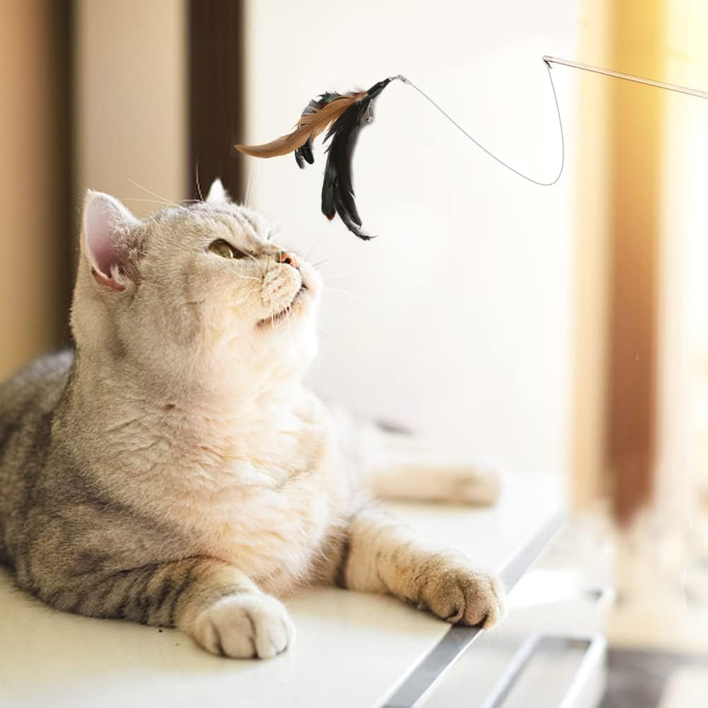 Cat Feather Teaser - Interactive Cats Handheld Teaser Wand Toy with Bell | Five Replacement Head Cat Stick Pet Toy Wand for Kitten Cat Having Fun Exerciser Playing image number 2