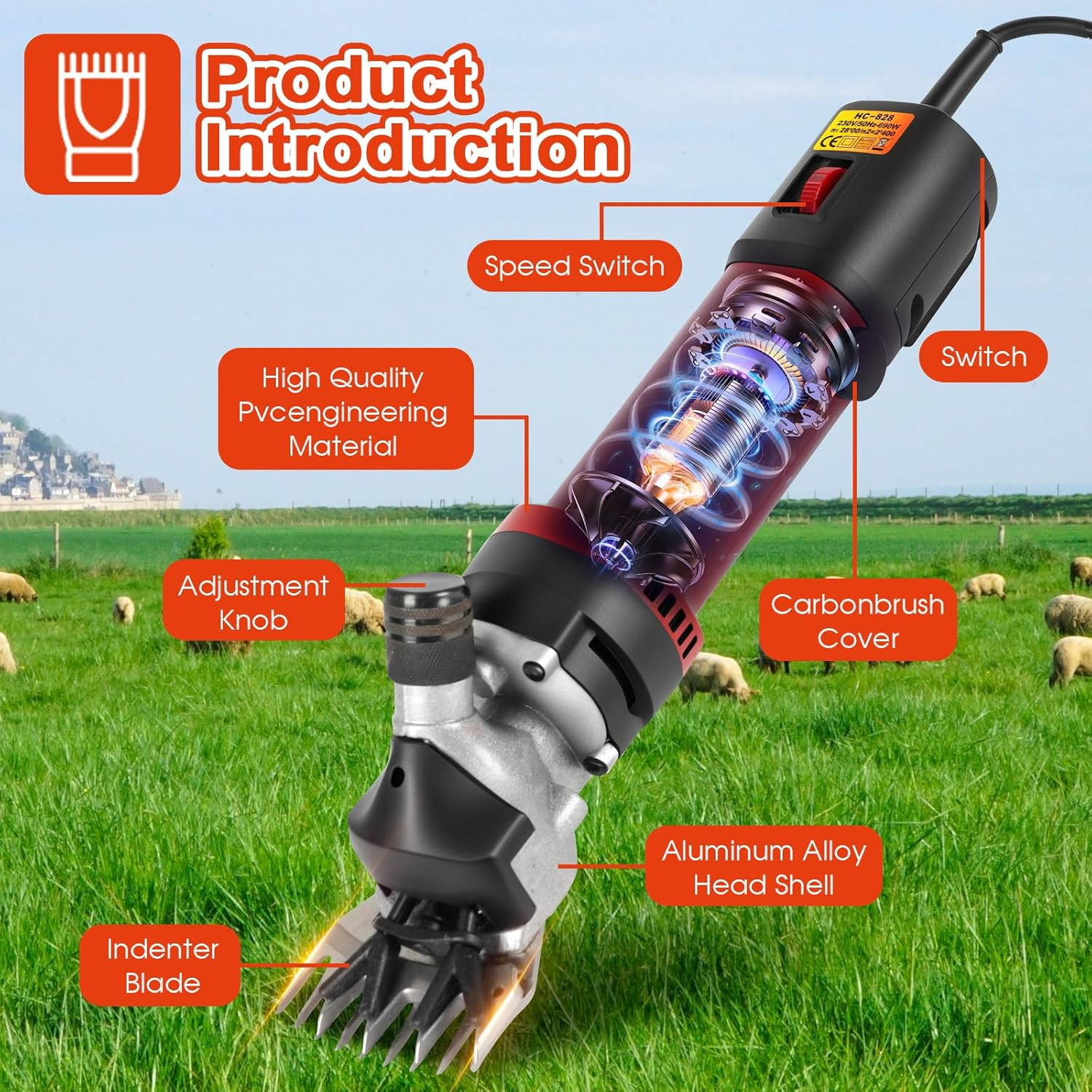 Advwin Electric Sheep Shears, 690W 2800R/Min Professional Electric Sheep Clippers, 6 Speed Heavy Duty Electric Shears, Farm Livestock Grooming Kit for Thick Coat Animals - Red image number 6