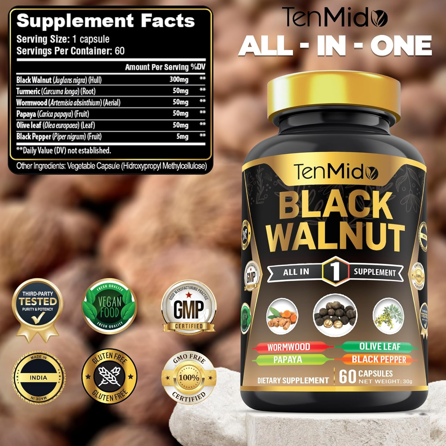 Black Walnut Supplement - 6In1 Blend with Wormwood, Turmeric, Papaya, Olive Leaf and Black Pepper- Gut & Digestive Health Support - 60 Vegan & Non-Gmo Capsules image number 1
