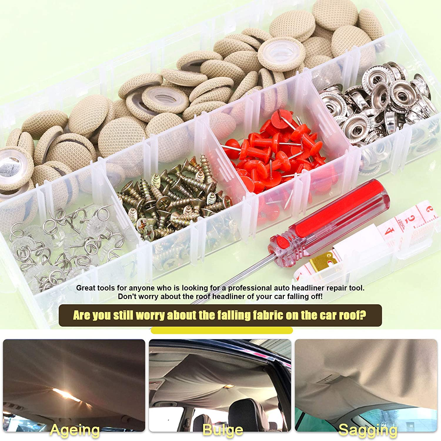 152Pcs Car Headliner Repair Kit with Headliner Repair Button Auto Roof Repair Snap Rivets and Installation Tool for Fixing Car Interior Ceiling Sagging Headliner for All Cars (Beige) image number 1