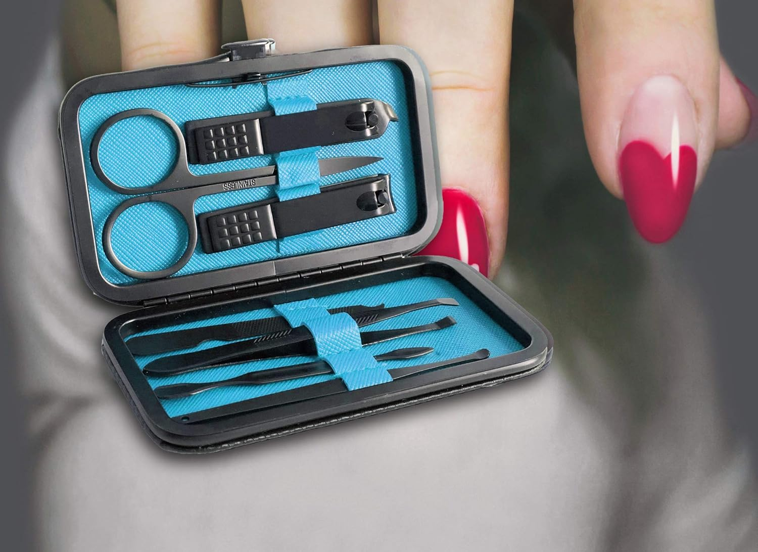 BLACKROX Nail Case Manicure Pedicure Set Comparison Winner Set for Men and Women, 7-Piece Care for Hands and Feet (Blue) - Red image number 3