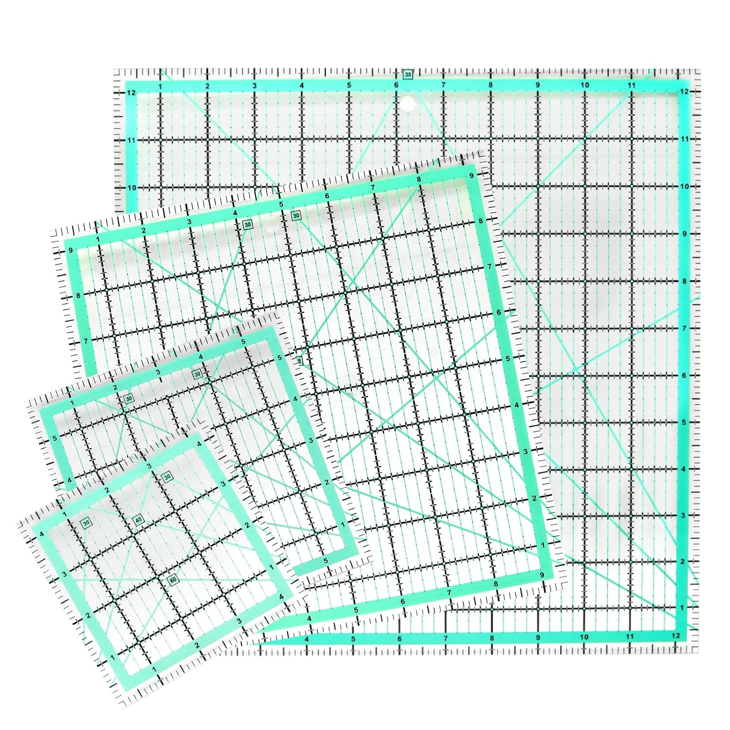 MANUFORE 4Pcs Square Quilting Ruler (12.5&rdquo;/ 9.5&rdquo;/ 6&rdquo;/ 4.5&rdquo;) Sewing Acrylic Ruler Anti-Slip Ruler DIY Quilting Tools with Clear Printed Lines for Precise Cutting image number 2