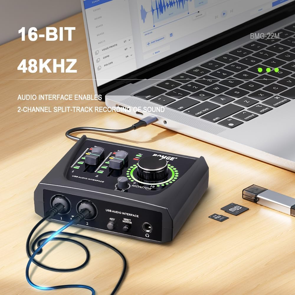 BOMGE Mini 2 Channel USB Audio Interface for Recording, Streaming and Podcasting, with XLR/48V Phantom Power,Studio Quality Audio Interface for Guitarist, Vocalist, Podcaster or Producer image number 2