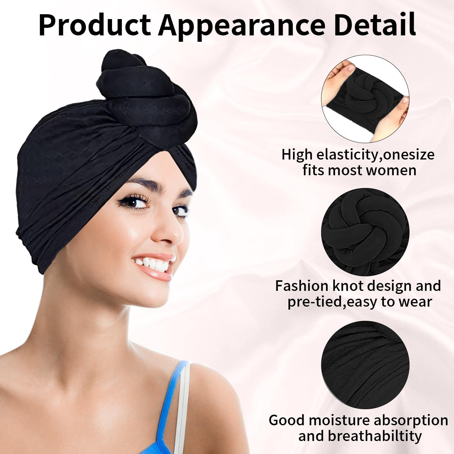 LVBGQVL Women Turbans and Head Wraps, Women African Turban Flower Knot Pre-Tied Bonnet Beanie Cap Headwrap - Black image number 3