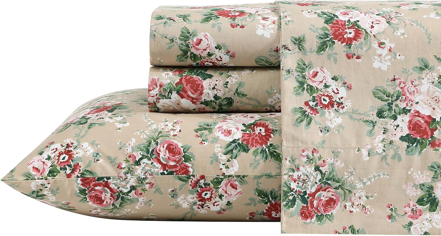 Laura Ashley - Full Sheets, Cotton Percale Bedding Set, Lightweight & Breathable Home Decor (Emogene Burnt Orange, Full)