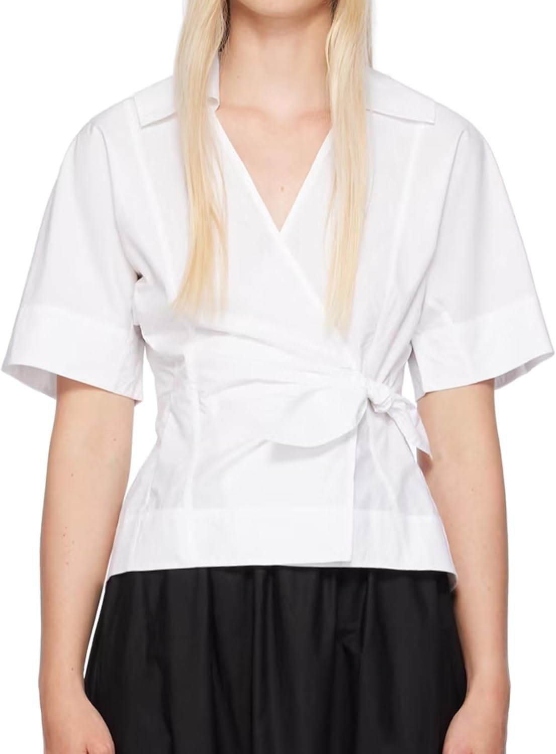 SUNNOW Women'S White Wrap Blouse Shirt V-Neck Spread Collar Self Tie Belt Long Sleeve Top