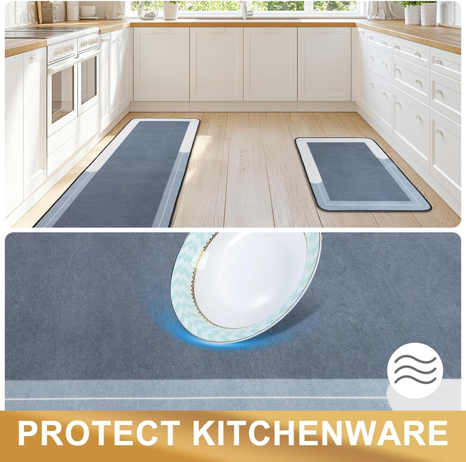 KANGA ROOM Kitchen Rugs and Mats 2PCS Set, Waterproof Non Slip anti Fatigue Kitchen Mat, Cushioned Kitchen Floor Mats for Standing, Kitchen Mats Non Slip, Laundry Rugs, 51X72Cm+51X153Cm, Gray and Blue