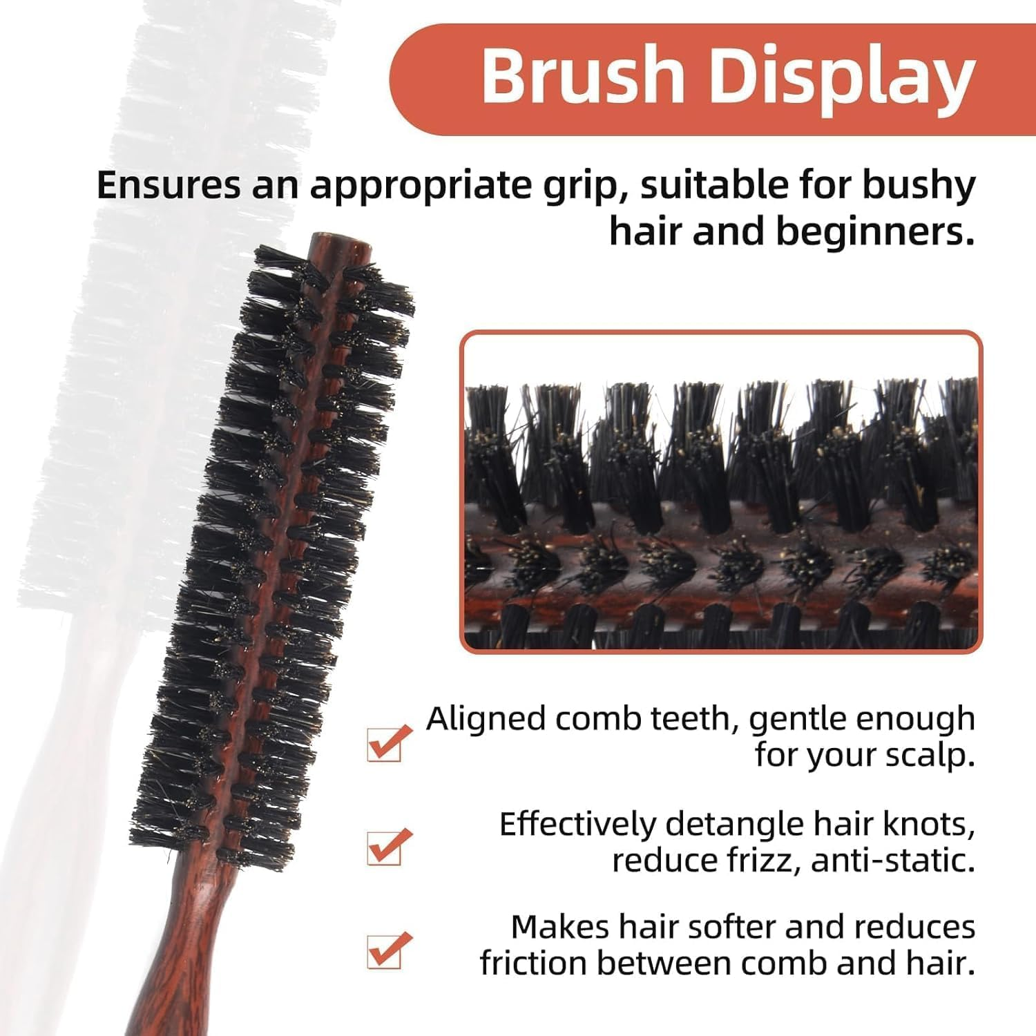 Boar Bristle round Brush, Small Hair round Brush, Portable Natural Bristles, Hair Brush, Travel Brush with Wooden Handle for Short Hair, Thin Long Hair, Mini Beard Brush for Men and Women image number 4