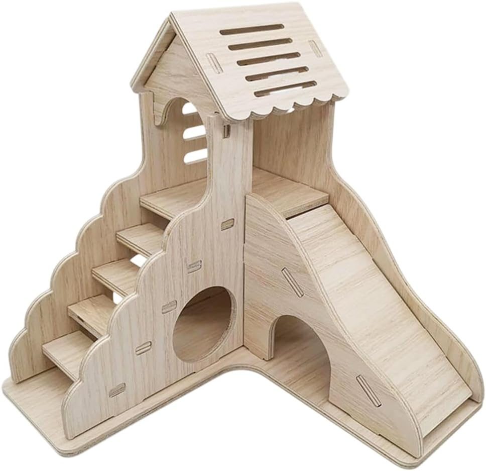 AIMALL Hamster Wooden Hideout House 17X17X16.6Cm Small Animal Villa Nest with Tenon Structure for Golden Bear Hedgehog Rutin Chicken Pet Toy Escape Shelter Habitat Decor image number 6