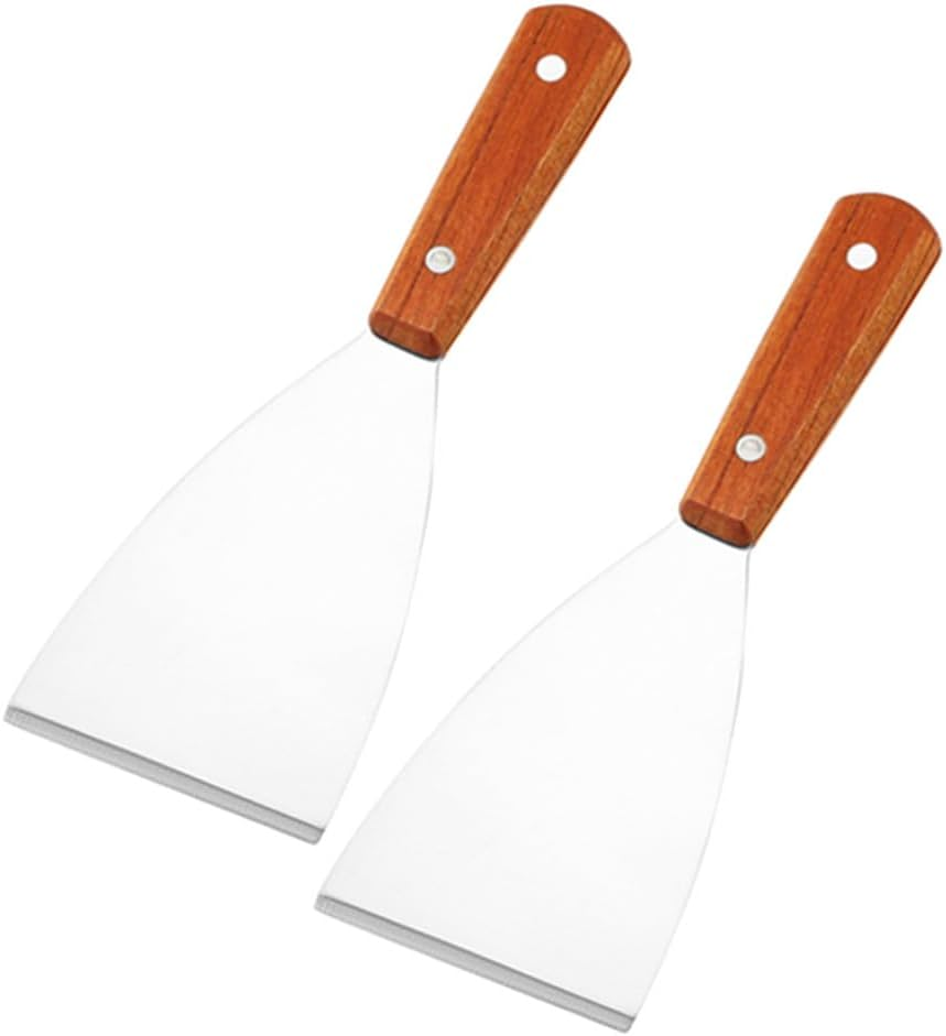 Grill Slant Edge Flat Scraper,Granmagazz 2 Pieces Stainless Steel Grill Griddle Scraper with Wooden Handle, Versatile Grill Scraper Tool for Grill BBQ Teppanyaki Dough Pancake Pizza