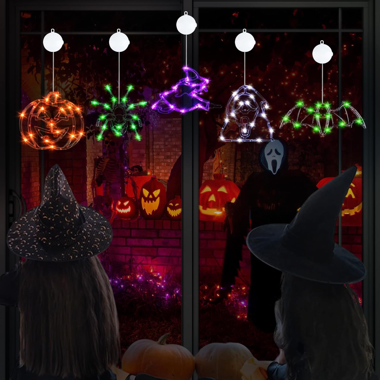 Wlicon 5 PCS Halloween Lights Decorations Green Spider Orange Pumpkin White Ghost Purple Witch Green Bat with Suction Cups and Battery Operated Halloween Lights with Timer for Window House Decoration image number 1