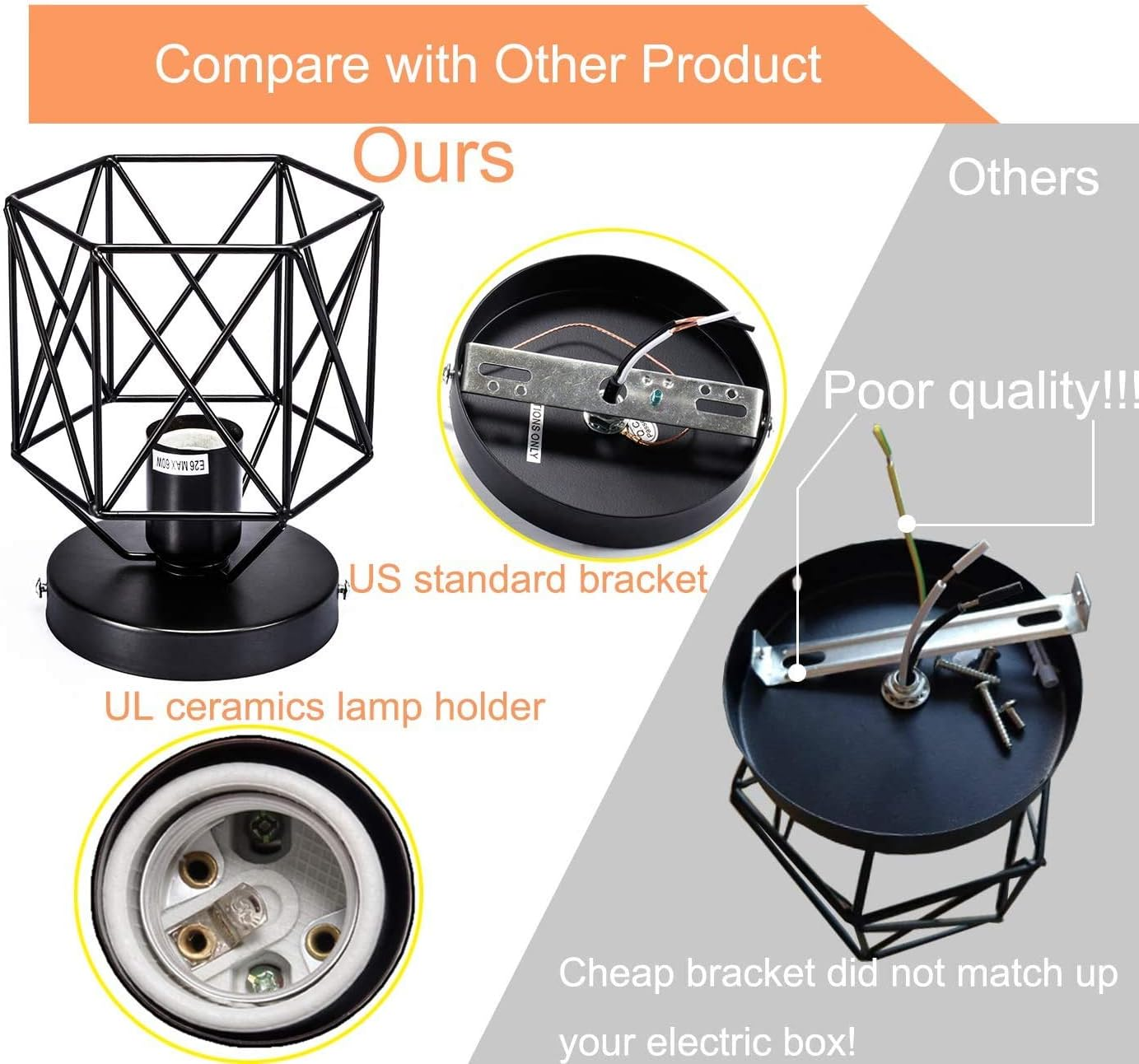 Licperron Hallway Light Fixtures Ceiling Mount, E26 E27 Retro Black Industrial Semi Flush Mount Ceiling Light for Porch Hallway Kitchen Farmhouse Lighting, 2 Pack, RV Light Fixtures, UL Approval image number 4