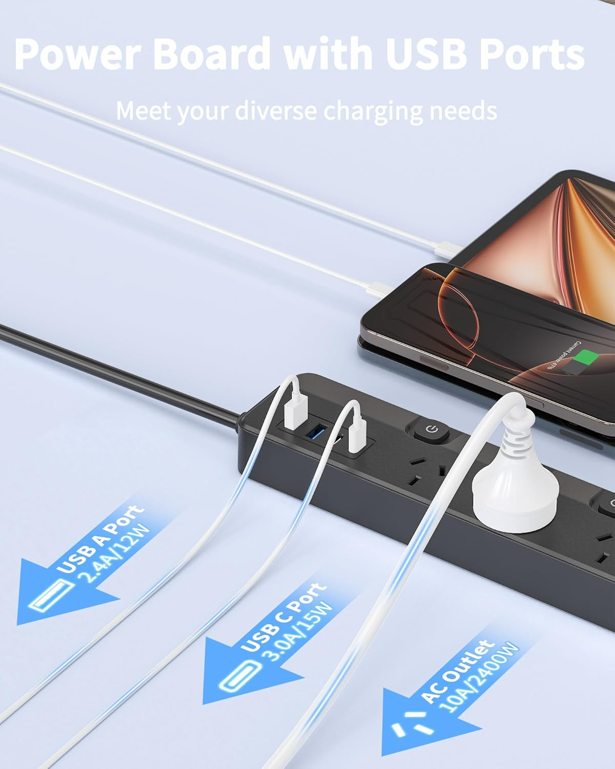 Power Board Individual Switch, Powerboard with 6 AC Outlets 4 USB Ports (2 USB C), 900J Power Board Surge Protected, SAA Certified, 2M Extension Cord for Home and Office, Black image number 6