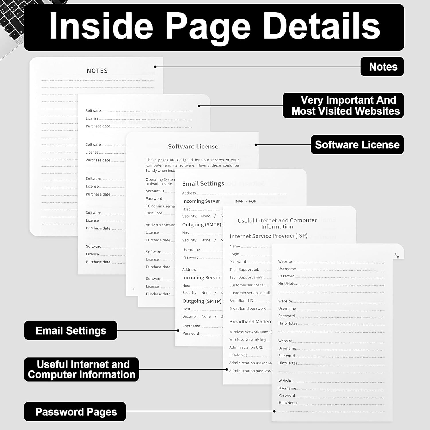 JUNART 4Colors A6 Password Book with Alphabetical Tabs and Elastic Pen Loop, PU Leather Cover, Secure Organizer for Home, Office and Travel（Purple） - Purple image number 3