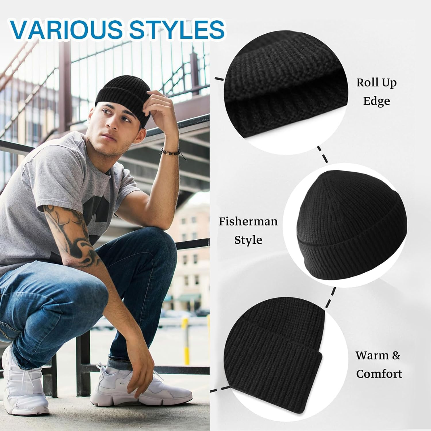 Lyvixora Casual Short Thread Hip Hop Hat, Warm Fisherman Beanie for Men and Women, Unisex Winter Warm Knit Hat Black image number 2