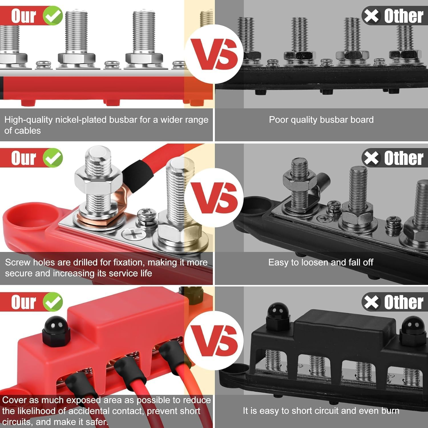 Bus Bar 12V Power Distribution Block 250A Bus Bar with 4 X 5/16" (8M) Studs Marine Battery Busbars Terminal Ground Distribution Block with Cover for Automotive, Boat, Car, Solar Wiring (Pair) image number 5