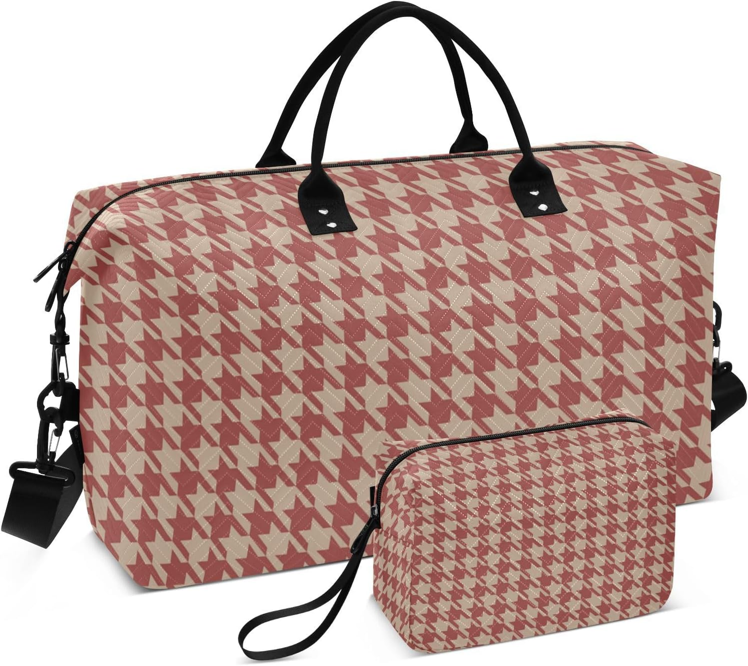 Large Travel Duffel Luggage Weekender Duffel Bag Houndstooth Buffalo Plaid Tartan Check Red Tote Bag with Adjustable, Houndstooth Buffalo Plaid Tartan Check Red, Set of 2, Art Deco image number 2