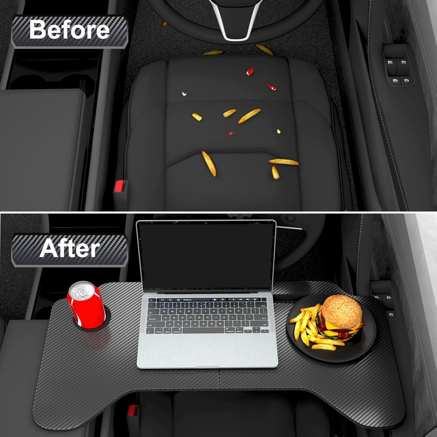 VINBY Car Desk for Model 3 Y, Carbon Fiber Tray Multipurpose Eat Lunch Food Tray Table for Working, Steering Wheel Eating Table, Car Laptop Desk, Car Travel Table image number 3