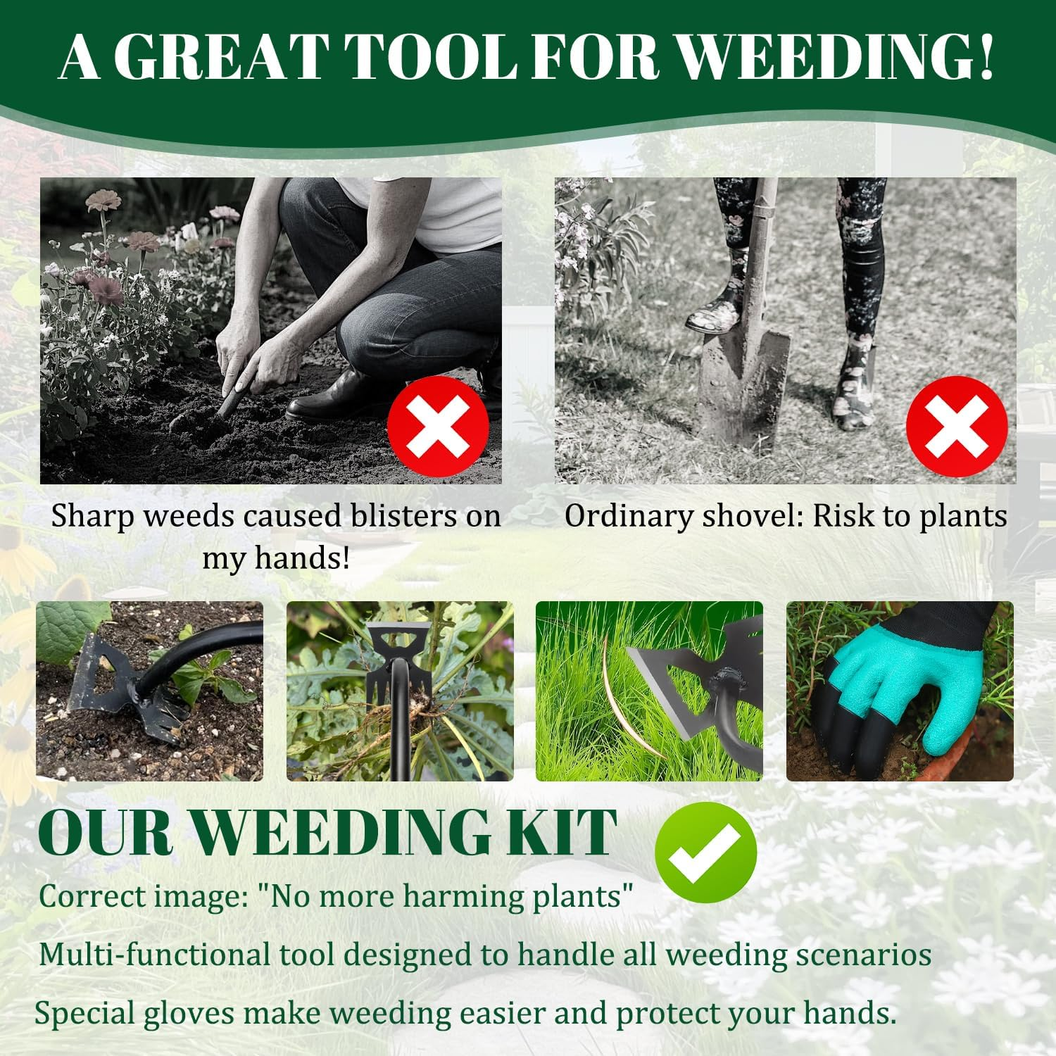 Weed Puller Tool, 6 Teeth Garden Weed Pulling Tool, Durable Manganese Steel Hand Weeder Tool with Gloves for Vegetable Gardening Backyard Farm Planting & Weeding image number 3