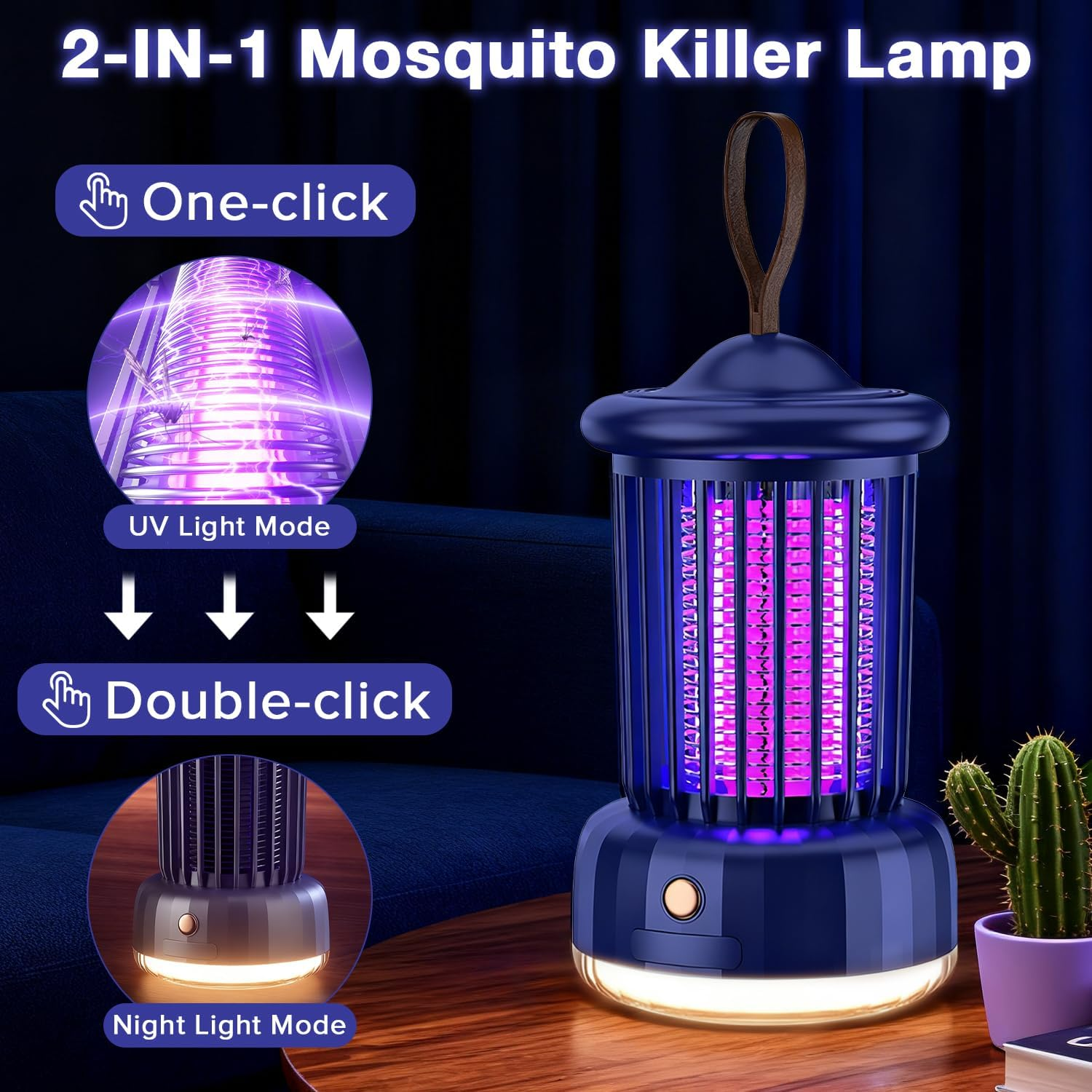 Yakiter Mosquito Killer Lamp, 2 in 1 Rechargeable Electric Bug Zapper, UV Fly Killer with Night Light, Insect Fly Zapper for Home, Standing or Hanging Outdoor/Indoor (Blue) image number 5