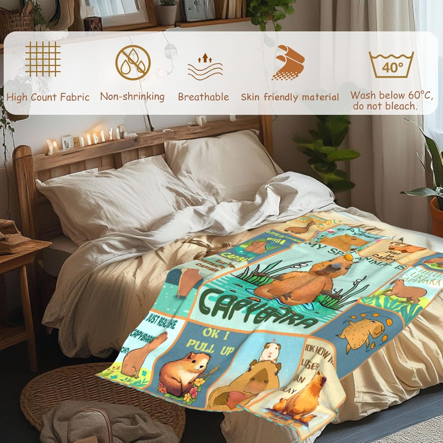 Juvanovo Capybara Blanket, 100 X 130 Cm Capybara Cuddly Blanket, Capybara Flannel Blanket, Capybara Soft Blanket, Capybara Sofa Blanket, Capybara Bed Linen, Capybara Merch for Children Adults (A) - A image number 4