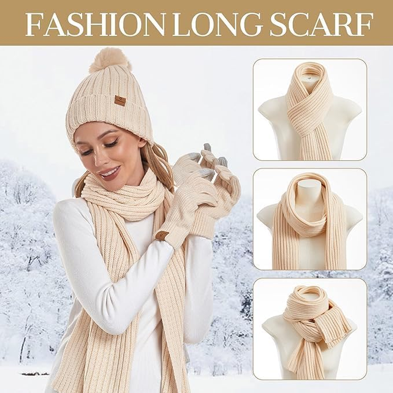 Womens Long Scarf Gloves and Hat Set Cold Weather Hat Scarf Glove Set for Women Winter Beanie Hats with Pom Pom - Blue image number 4