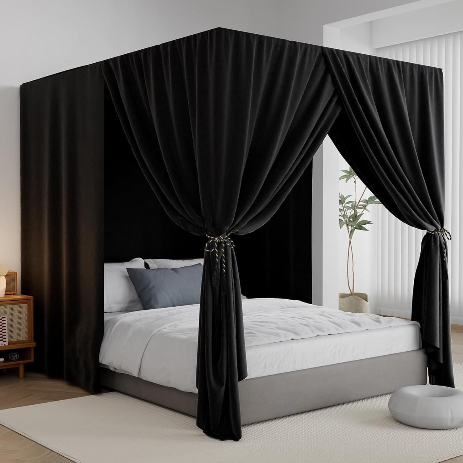Black Canopy Bed Curtains - 4 Corner Post Bed Curtains Queen Lightproof Drapes Bed Canopy Curtains with Tie Backs for Adults & Girls Bedroom Decoration(Black,Queen) image number 2