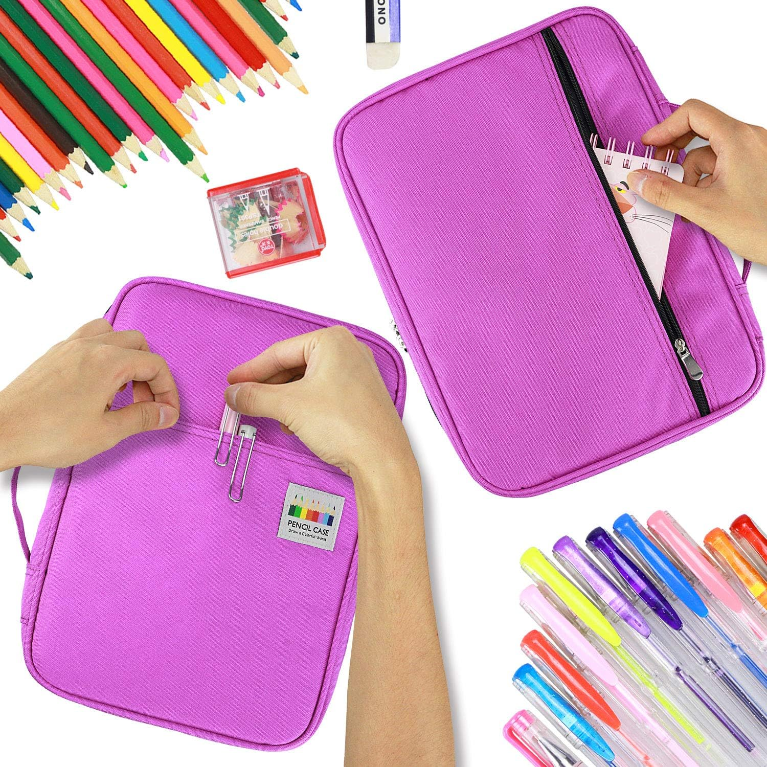 YOUSHARES Colored Pencil Case 220 Slots Pen Case Organizer with Handy Wrap & Zipper, Multilayer Holder for Prismacolor Colored Pencils & Gel Pen (Purple) - Black image number 5