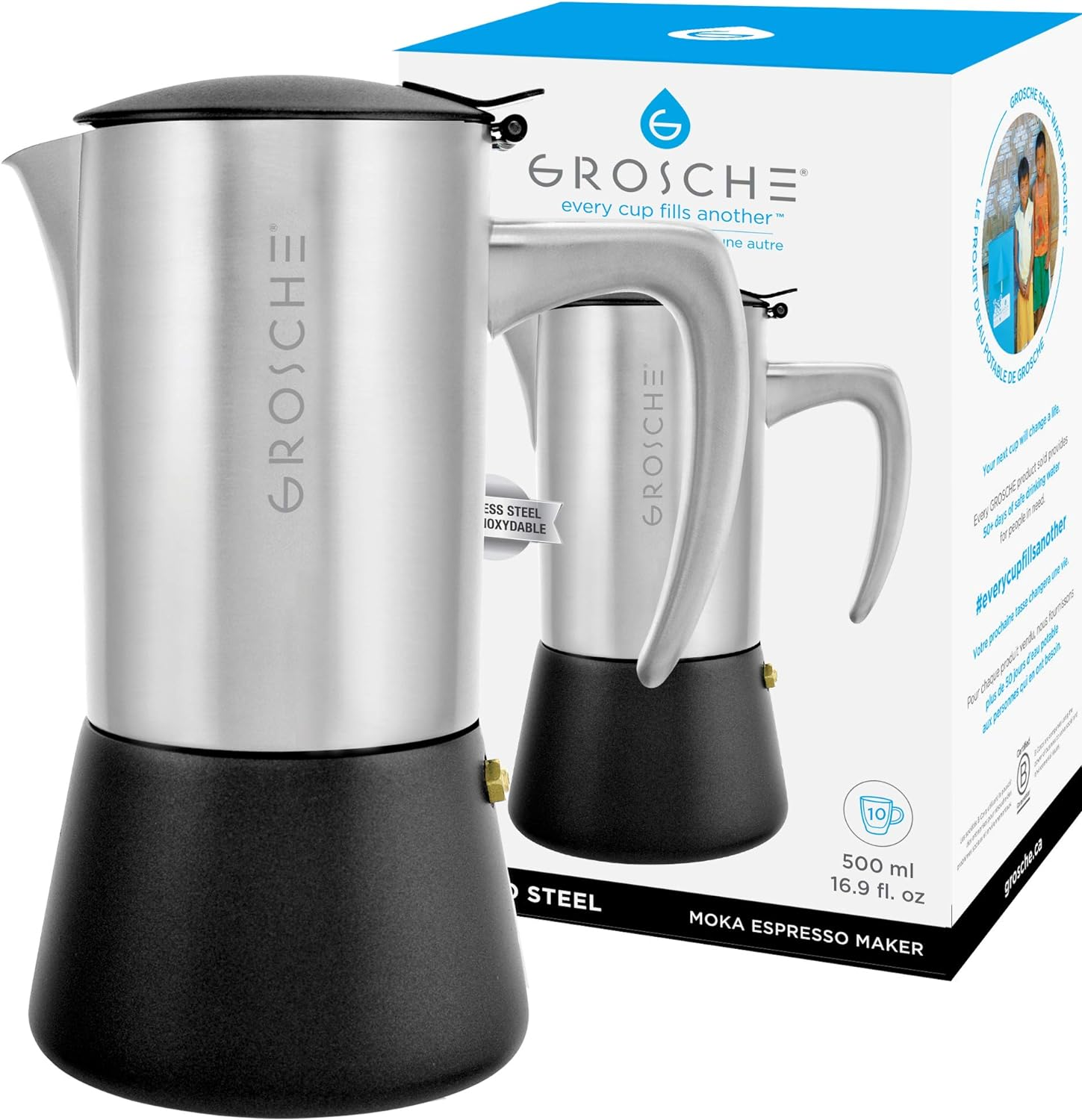 GROSCHE Milano Stovetop Espresso Maker Moka Pot 6 Cup - 9.3 Oz, Black - Moka Expresso Coffee Maker Stove Top Coffee Maker Moka Italian Espresso Greca Coffee Maker Brewer Percolator